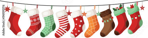 Christmas stockings hanging on string with festive patterns, holiday decoration garland with colorful socks, winter celebration vector illustration