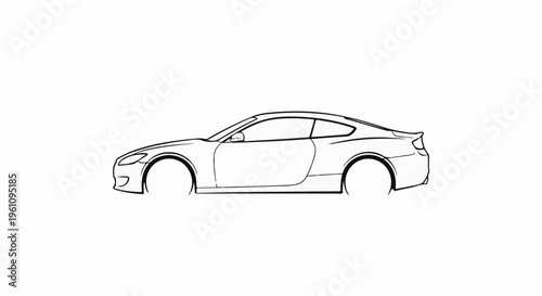 Stylized black line drawing of a sleek coupe with missing wheels