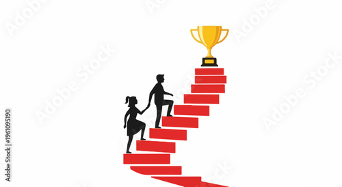 Silhouettes of people climb red stairs toward golden trophy