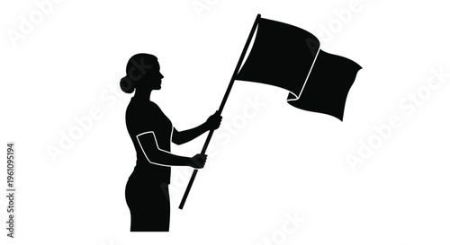 Silhouette of a woman holding and waving a black flag in profile