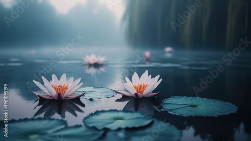 Beautiful Water Lilies in Misty Pond with Soft Green Leaves and Calm Water Surface