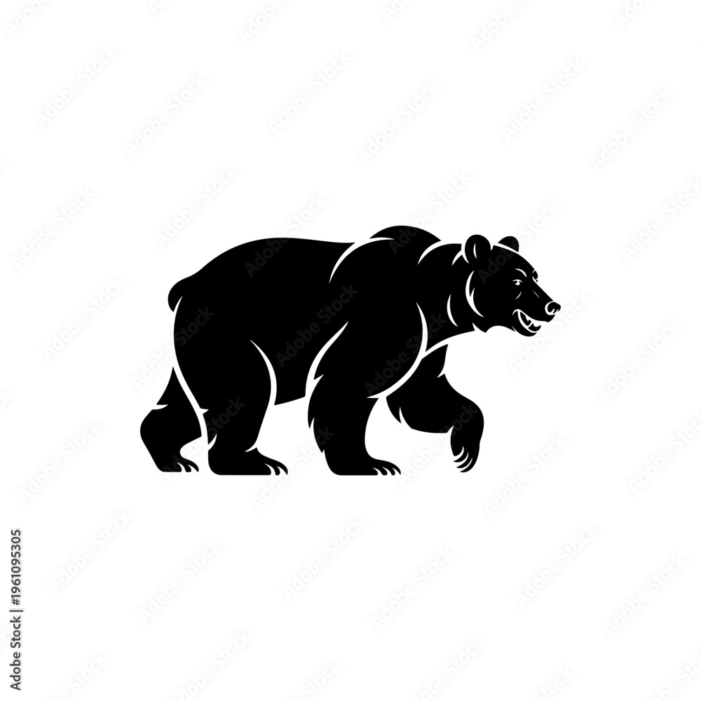 Fototapeta premium A black and white vector illustration of a powerful grizzly bear walking. This clean, dynamic silhouette is perfect for outdoor adventure, wildlife, and sports branding.
