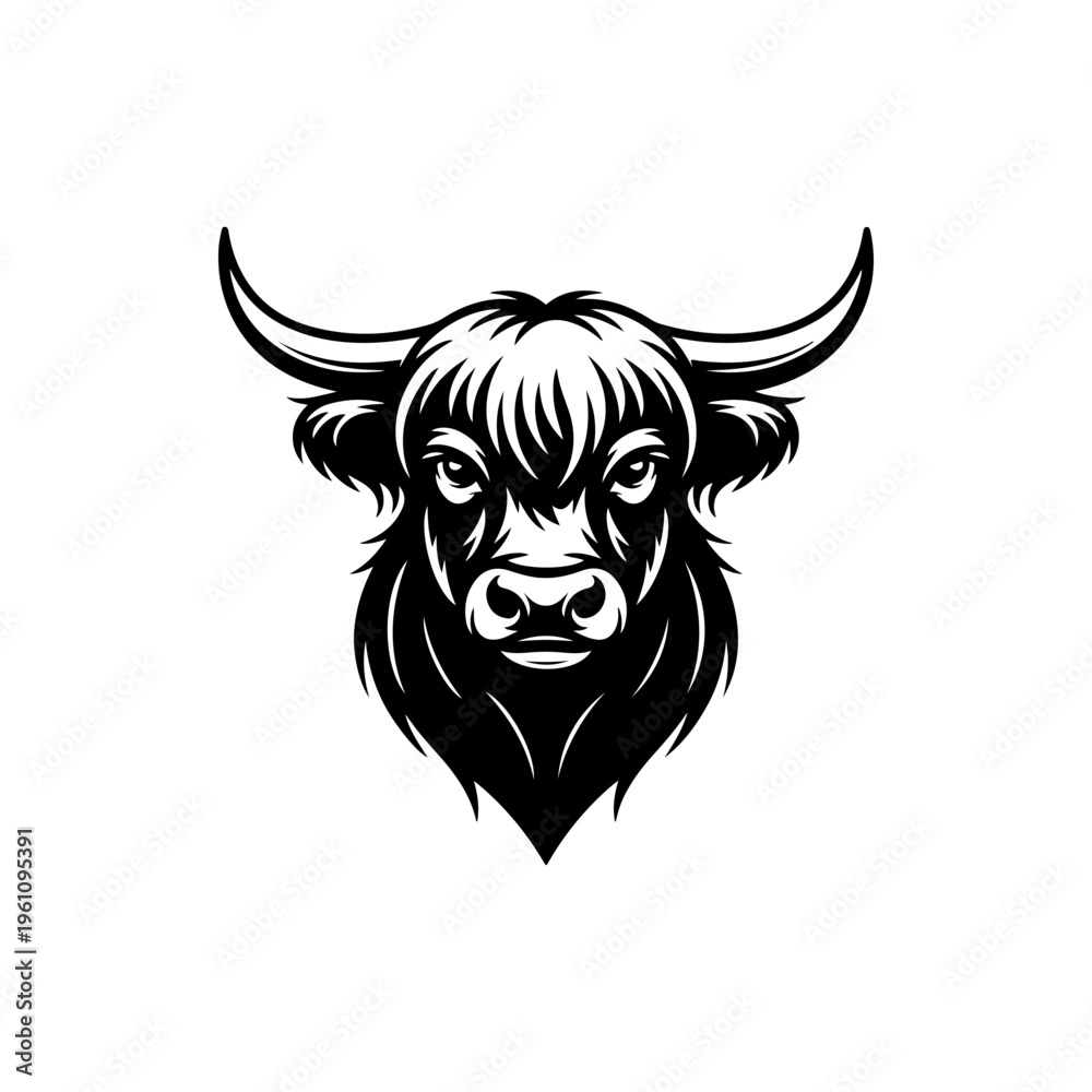 Fototapeta premium A black and white vector illustration of a powerful bison head with large horns and a thick mane. A strong, detailed mascot perfect for sports and outdoor branding.