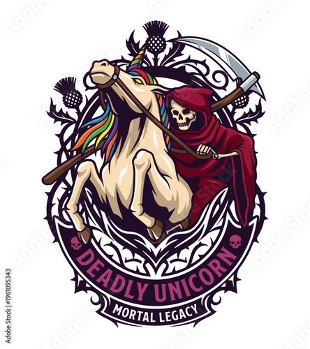 Grim Reaper riding a rainbowmaned unicorn with a scythe surrounded by thorny thistles and a circular emblem depicting a deadly unicorn and mortal legacy Best Selling T-shirt Design