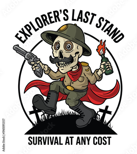 Humorous cartoon skeleton explorer in military attire holding a pistol and a molotov cocktail ready for a last stand Best Selling T-shirt Design