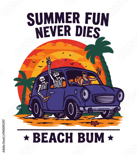 Joyful skeletons and a woman enjoying a summer beach drive in a vintage car with a vibrant sunset and palm trees overhead Best Selling T-shirt Design