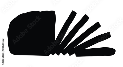 Black silhouette of rye bread loaf and sliced pieces on white background