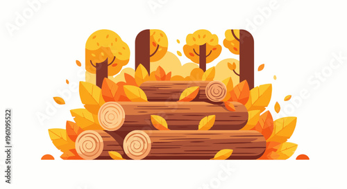 Stylized autumnal forest scene with stacked logs and fallen leaves