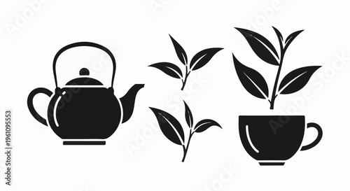 Simple black icons of a teapot, tea leaves, and a teacup with leaves
