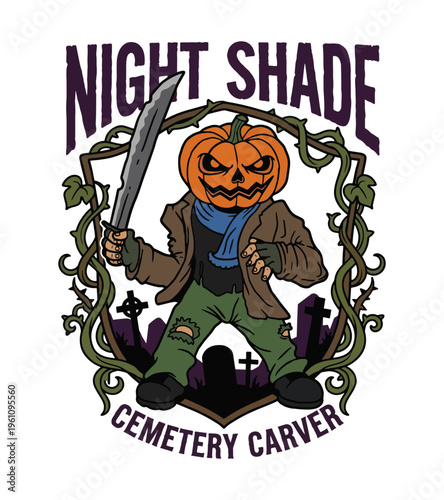 Menacing jack o lantern character with a sword stands in a cemetery surrounded by vines and tombstones representing Halloween and fear Best Selling T-shirt Design