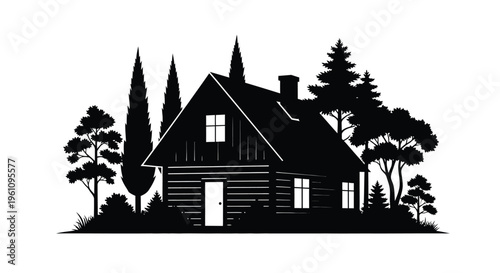 A black silhouette of a quaint house surrounded by evergreen trees