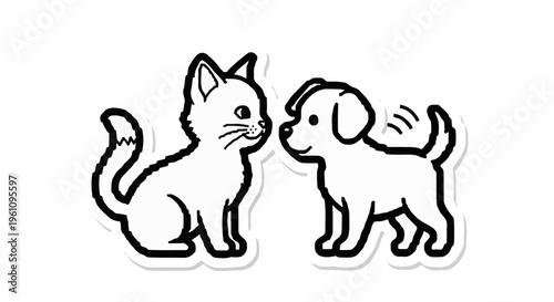 Simple cartoon illustration of a cat and dog facing each other
