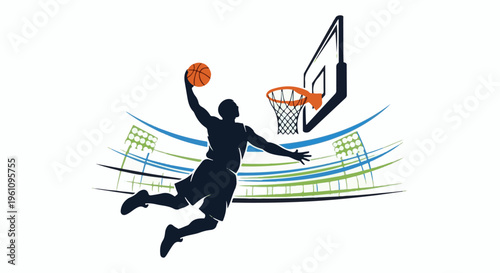 Silhouette of basketball player mid-dunk against stadium lights and hoop