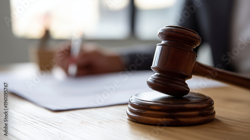 Judge gavel on legal documents in office, law justice, court decision, attorney workplace, legal contract, judicial system, litigation concept, close up