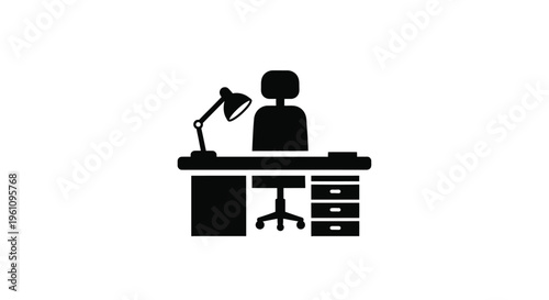 Simple black silhouette of a person working at a desk with a lamp