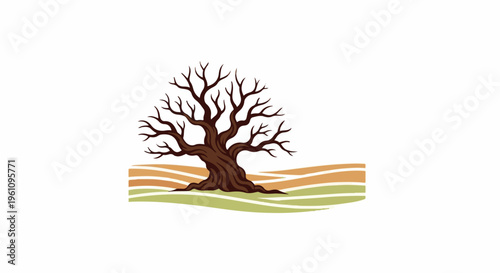 Stylized bare tree with textured wavy ground in muted earthy tones