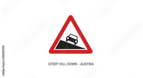 Cautionary road sign depicting a car descending a steep hill, signaling a hazardous downhill gradient to ensure driver awareness and safety on the road