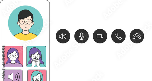 Flat vector illustration of a mobile video conference app interface with diverse character avatars and communication icons for virtual business meetings online