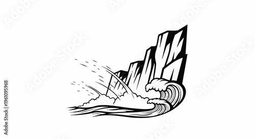 Stylized black and white depiction of waves crashing against rocky cliffs