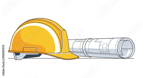 Yellow Construction Hard Hat and Architectural Blueprint Roll Illustration. Safety Helmet and Project Plans for Engineering and Building Industry Concept.