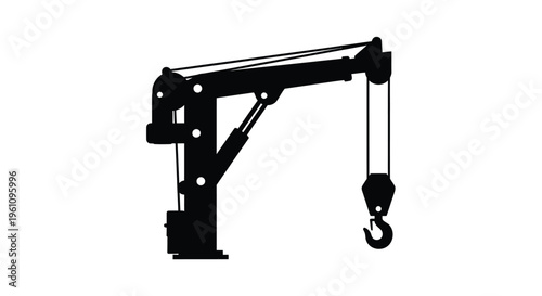 Silhouette of a construction crane with a hanging hook on white