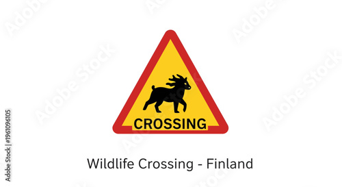 Prominent yellow triangular road sign warning drivers of potential moose or elk crossing ahead in Nordic regions, emphasizing road safety and wildlife awareness in areas like Finland