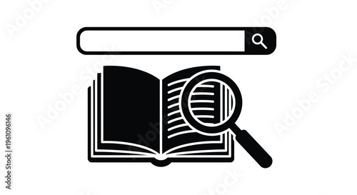 Searching an open book with a magnifying glass and search bar