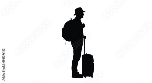 Silhouetted traveler with backpack and rolling suitcase on white background