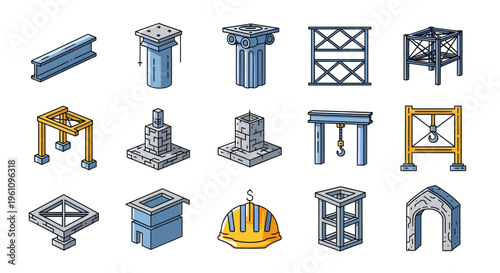 Isometric vector icons diverse industrial and construction elements. Features beams, columns, scaffolding, foundations, and safety gear for architectural and engineering design