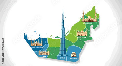Vibrant vector illustration representing the geographical layout and prominent architectural marvels across the United Arab Emirates, ideal for travel and cultural content