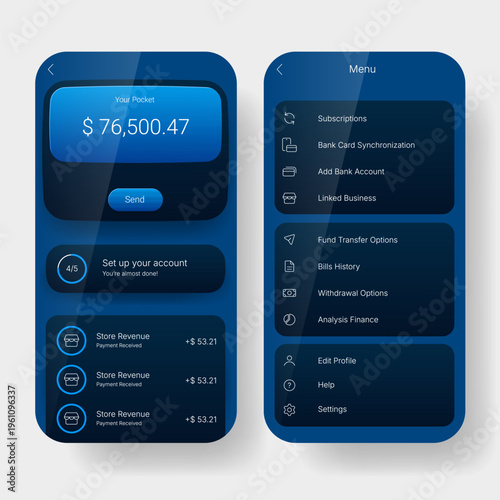 Mobile banking app dashboard with financial transactions and menu UI