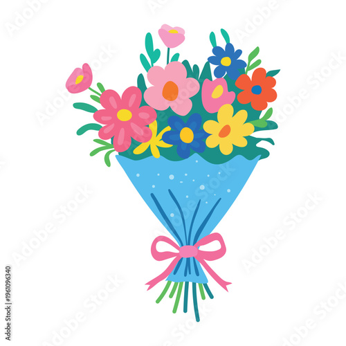 Beautiful dopamine spring flower bouquet wrapped in blue paper