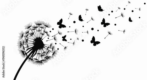 Silhouette of dandelion seeds and butterflies blowing in the wind