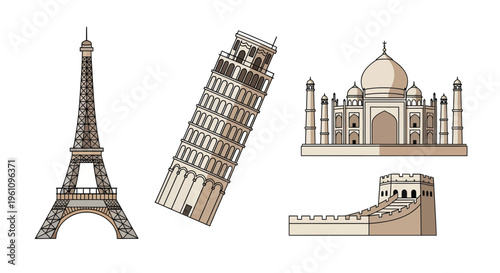 A captivating collection of global architectural wonders, showcasing famous landmarks from across continents, perfect for illustrating international travel and cultural exploration