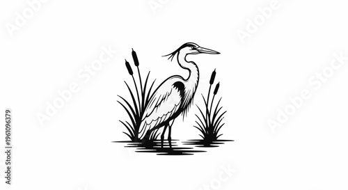 Stylized black and white drawing of a heron standing amidst reeds