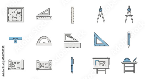 A collection of detailed line icons representing essential architectural and engineering drafting tools for technical drawing, design, and blueprint creation