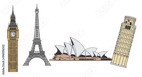 A vibrant graphic representation of diverse global architectural wonders, showcasing famous monuments from bustling cities around the world, perfect for travel themes