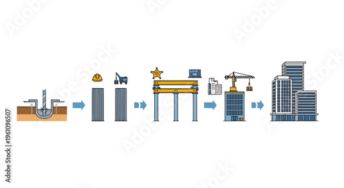 Step-by-step infographic illustrating the complete construction process of a modern urban skyscraper, from initial foundation work to the final finished building exterior