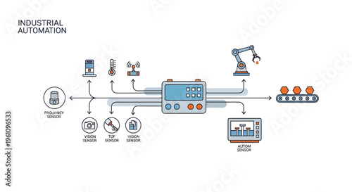 Detailed illustration of an industrial automation workflow, showcasing integrated sensors, a central control unit, and a robotic arm for smart factory production efficiency