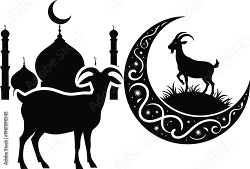 Artistic Islamic Design Featuring Goat Silhouettes with Decorative Crescent Moon and Mosque Elements