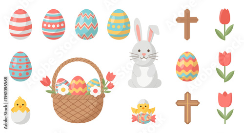 Festive Easter collection of colorful holiday elements, featuring decorated eggs, cute bunny, spring tulips, traditional crosses, and charming chicks, ideal for seasonal designs