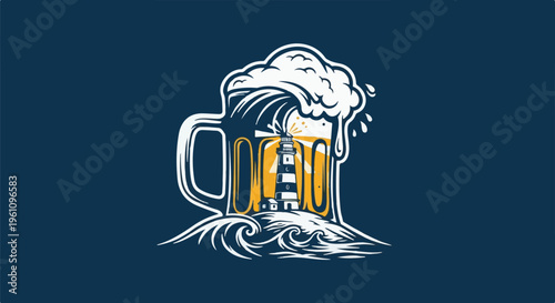 Stylized beer mug with a lighthouse amidst waves and foam