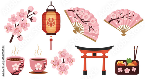 Traditional Japanese cultural symbols cherry blossoms, elegant fans, red lantern, torii gate, tea cups, and bento box. Oriental heritage vector set