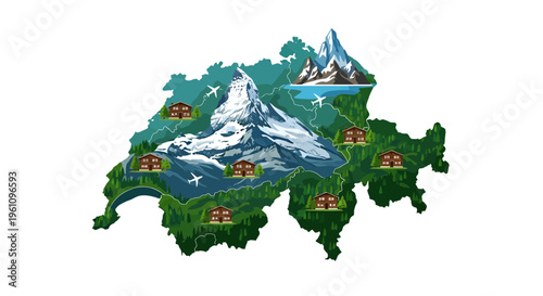 Vector map illustration of an alpine country, showcasing mountains, lakes, forests, and chalets, ideal for travel and exploration themes