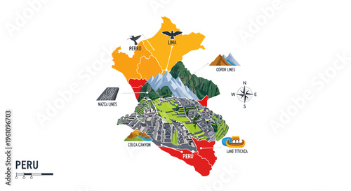 Vibrant Illustrated Map of Peru Showcasing Iconic Landmarks, Diverse Landscapes, and Rich Cultural Heritage for Travel and Tourism Concepts