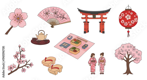 An enchanting collection of hand-drawn Japanese cultural icons and traditional symbols, featuring sakura flowers, kimonos, torii gates, and diverse elements, perfect for celebrating heritage