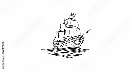 Stylized black and white drawing of a tall ship sailing on wavy water