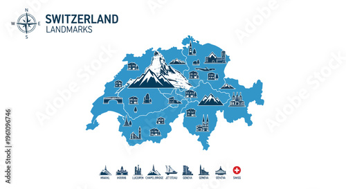 Detailed Vector Map of Switzerland Featuring Iconic Landmarks and Famous Travel Destinations, Providing a Comprehensive Visual Guide for Tourism and Cultural Exploration