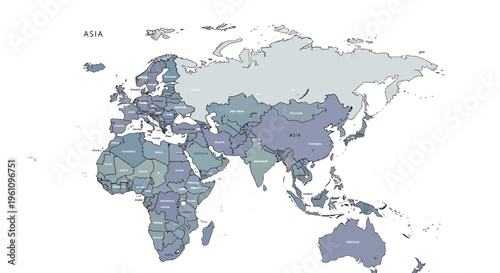 Vector world map illustration, depicting global geopolitical boundaries and continental landmasses. Features a gradient color scheme for clear geographical distinction and effective data visualization