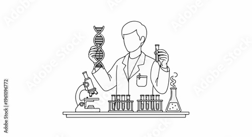 Scientist examining DNA, holding test tube, with microscope and lab equipment